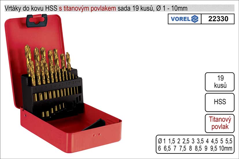 Vrtáky do kovu s titanovým povlakem 1-10mm HSS sada 19 kusů 0.583 Kg NÁŘADÍ Sklad2 TO-22330 1