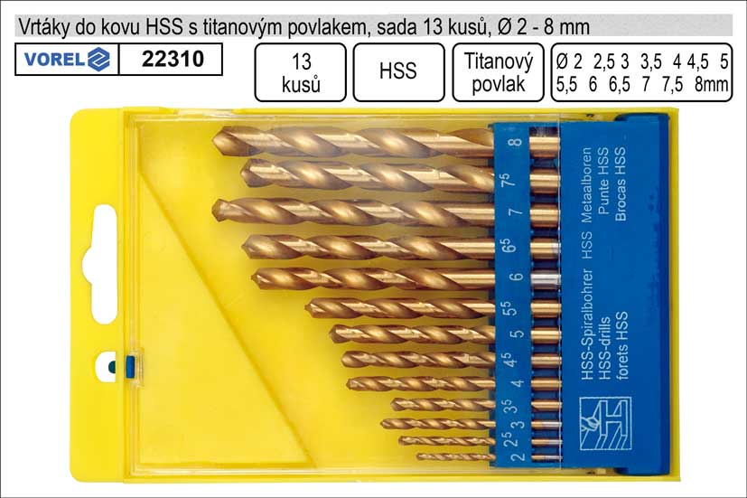 Vrtáky do kovu s titanovým povlakem 2-8mm HSS sada 13 kusů 0.21 Kg NÁŘADÍ Sklad2 TO-22310 2