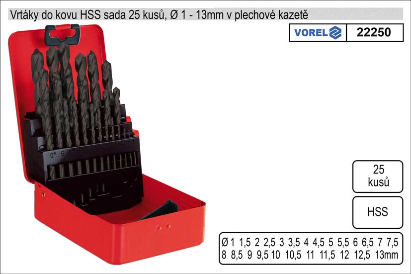 Vrtáky do kovu sada HSS 25 kusů 1-13mm v plechové kazetě 1.125 Kg NÁŘADÍ Sklad2 TO-22250 2
