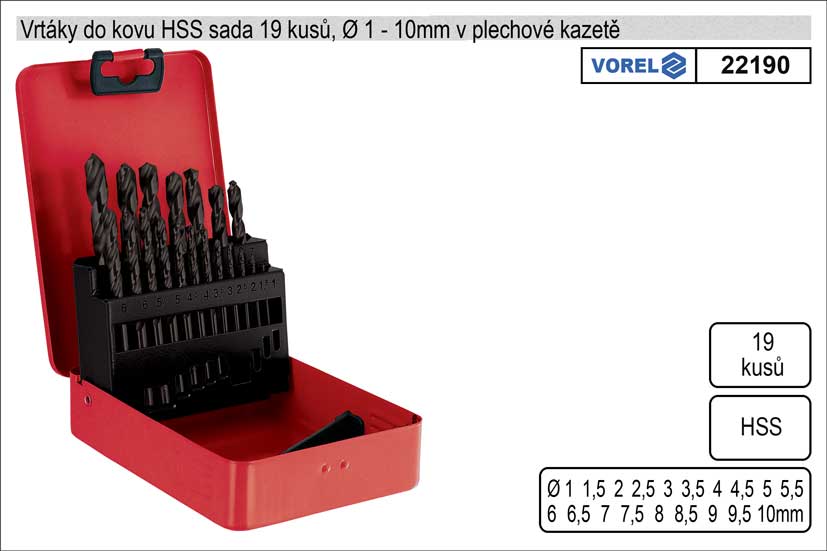 Vrtáky do kovu HSS 1-10mm sada 19 kusů v plechové kazetě 0.567 Kg NÁŘADÍ Sklad2 TO-22190