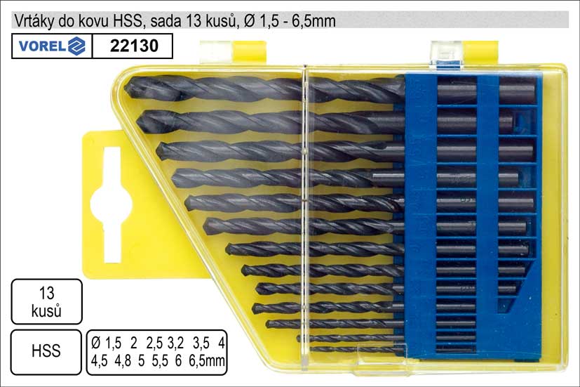 Vrtáky  do kovu v plastové kazetě 1-6,5mm HSS sada 13 kusů 0.113 Kg NÁŘADÍ Sklad2 TO-22130