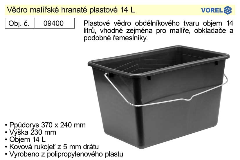 Vědro malířské hranaté plastové 14L Vorel 09400 (254359) 0.562 Kg NÁŘADÍ Sklad2 TO-09400