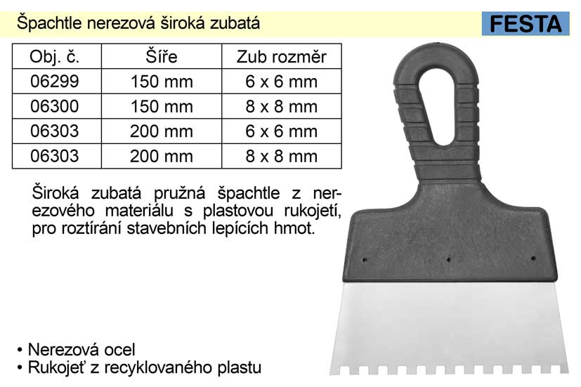 Špachtle nerezová 150mm zubatá zub 8x8mm 0.106 Kg NÁŘADÍ Sklad2 TO-06300 2
