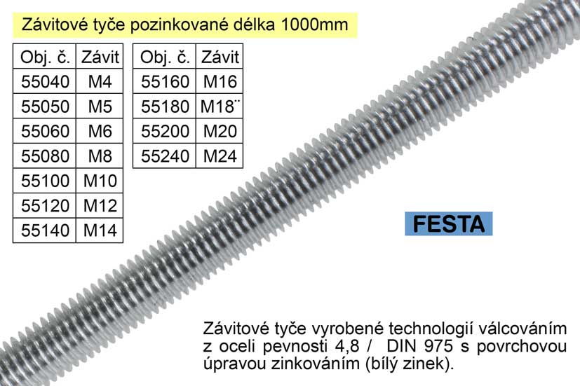 Závitová tyč pozinkovaná M12x1000mm 0.661 Kg NÁŘADÍ Sklad2 55120 13