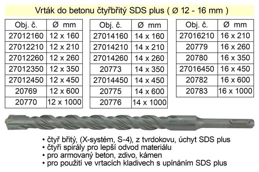 Vrták do betonu čtyřbřitý SDS plus 12x1000mm 0.48 Kg NÁŘADÍ Sklad2 20770 1