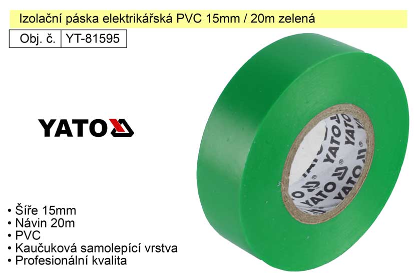 Izolační páska elektrikářská PVC 15mm / 20m zelená 0.061 Kg NÁŘADÍ Sklad2 YT-81595 1