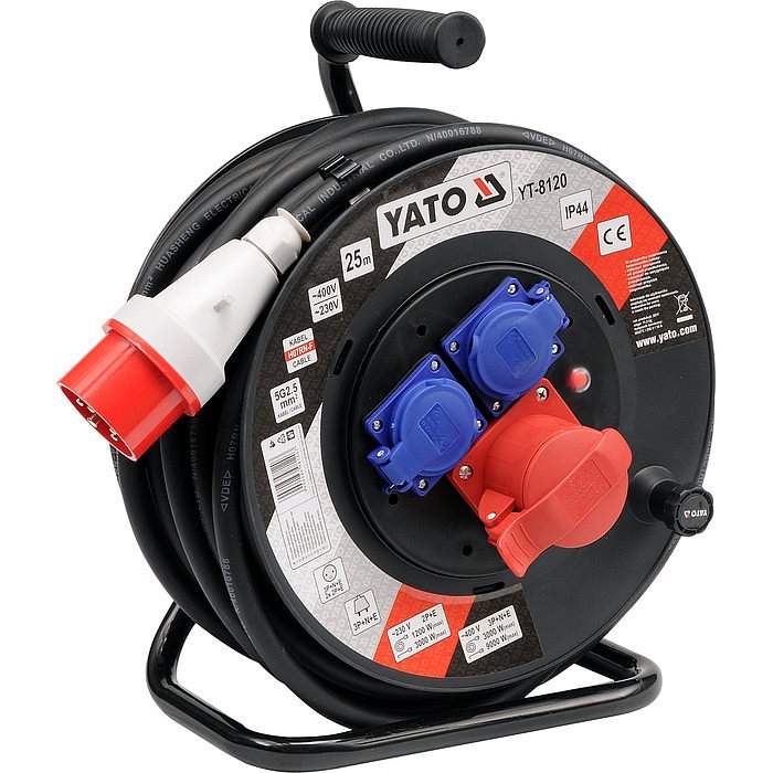 YATO Prodlužovací kabel na cívce 25m, 400V 5x2,5mm, gumová izolace, 3 zásuvky YT-8120 11.5 Kg NÁŘADÍ Sklad2 YT-8120