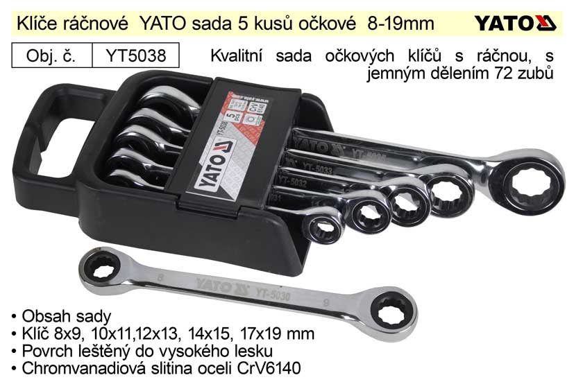 YATO Klíče ráčnové sada 5 kusů očkové 8-19mm 0.75 Kg NÁŘADÍ Sklad2 YT-5038 2