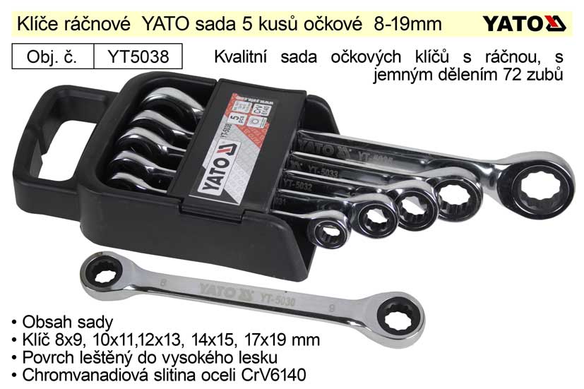 YATO Klíče ráčnové sada 5 kusů očkové 8-19mm 0.75 Kg NÁŘADÍ Sklad2 YT-5038