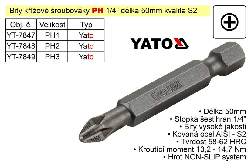 Bit křížový šroubovák PH2x50mm 1/4" Yato 0.575 Kg NÁŘADÍ Sklad2 YT-7848