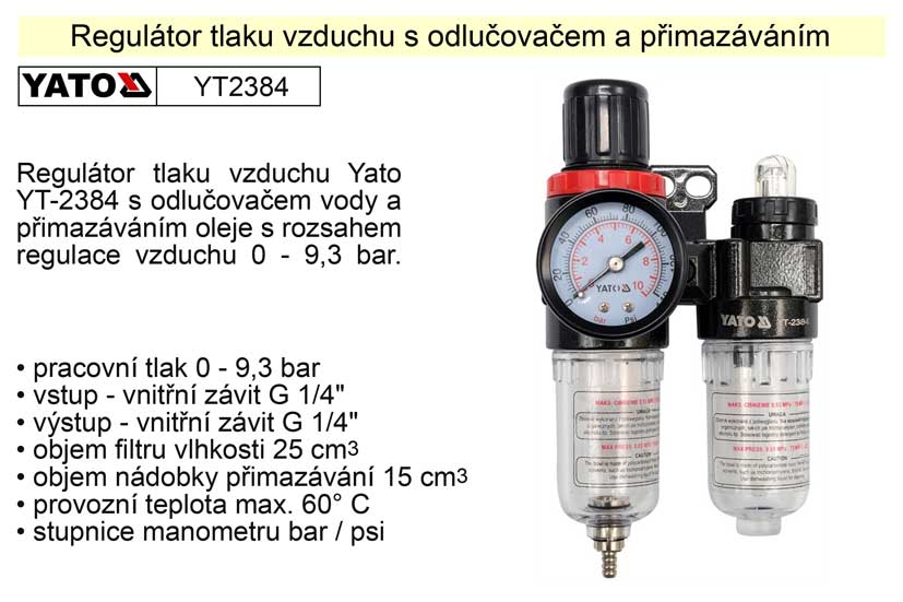 YATO Regulátor tlaku vzduchu s odlučovačem a přimazáváním, 1/4", redukční ventil YT-2384 0.43 Kg NÁŘADÍ Sklad2 YT-2384