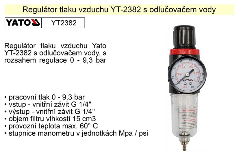 YATO Regulátor tlaku vzduchu s odlučovačem, 1/4", redukční ventil YT-2382 0.31 Kg NÁŘADÍ Sklad2 YT-2382