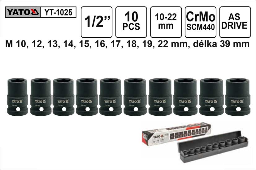 YATO Gola ořechy šestihranné kované 1/2" sada 10 kusů 10-22mm YT-1025 1.275 Kg NÁŘADÍ Sklad2 YT-1025 1