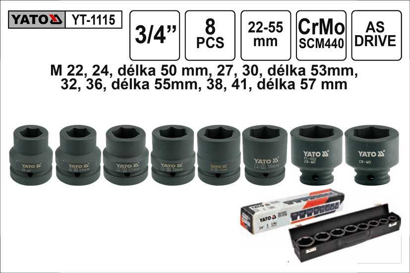 YATO Gola ořechy šestihranné kované 3/4" sada 8 kusů 22-41mm YT-1115 4.383 Kg NÁŘADÍ Sklad2 YT-1115