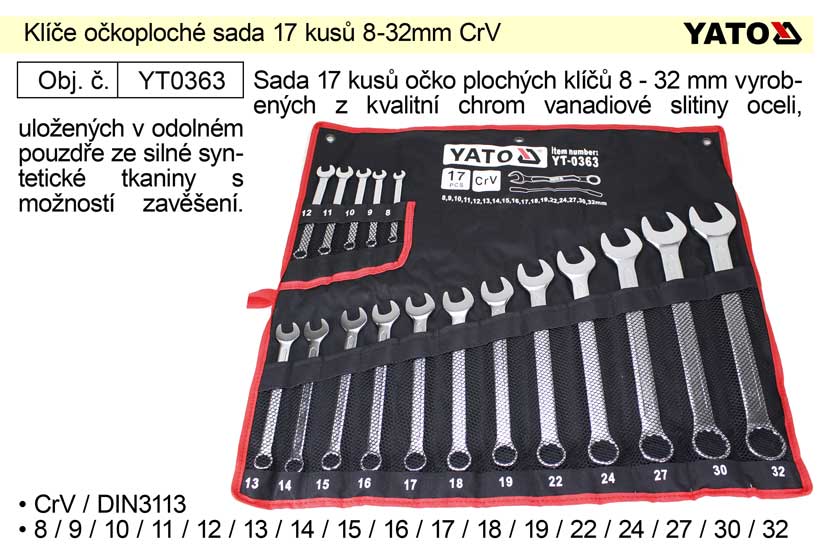 Klíče očkoploché sada 17 kusů 8-32mm CrV Yato 3.667 Kg NÁŘADÍ Sklad2 YT-0363