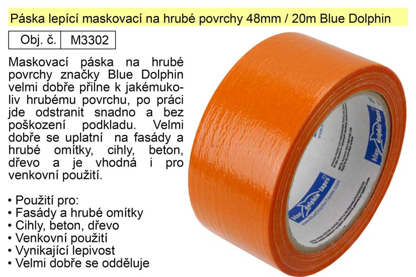 Páska lepící maskovací na hrubé povrchy 48mm/20m oranžová Blue Dolphin 0.181 Kg NÁŘADÍ Sklad2 37270