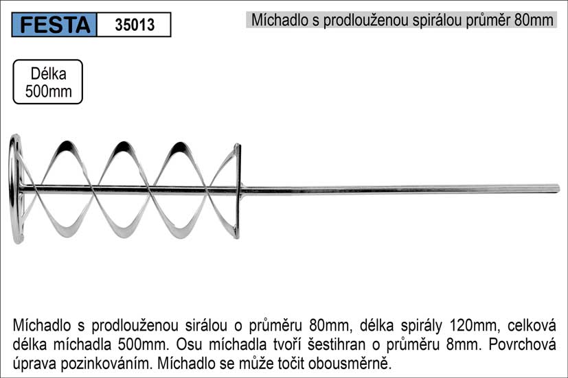 Míchadlo s prodlouženou spirálou 80 x 500 mm 0.428 Kg NÁŘADÍ Sklad2 35013
