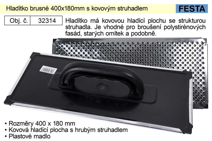 Hladítko brusné 400x180mm na fasádní polystyrén s kovovým struhadlem 0.755 Kg NÁŘADÍ Sklad2 32314