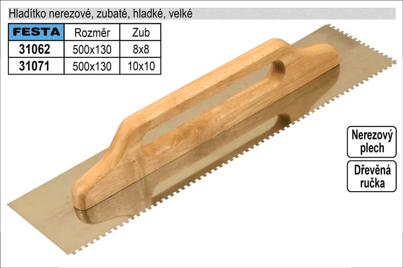 Hladítko nerezové zubaté 500x130mm, zub 10x10mm 0.5915 Kg NÁŘADÍ Sklad2 31071