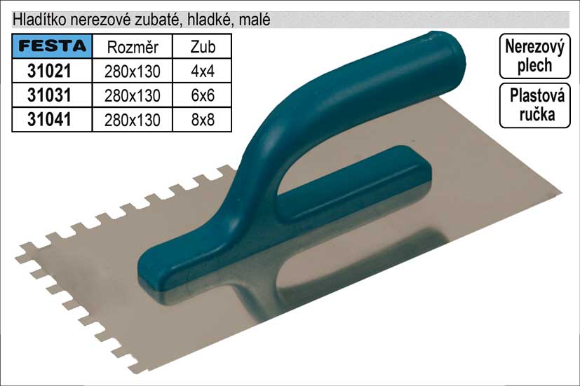Hladítko nerezové zubaté 280x130mm, zub 8x8mm 0.2935 Kg NÁŘADÍ Sklad2 31041