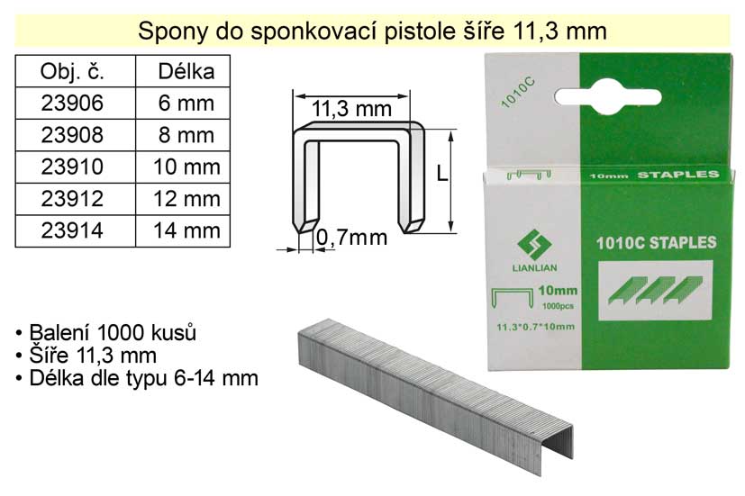 Spony do sponkovačky šíře 11,3 mm hranaté délka 14 mm balení 1000 kusů 0.104 Kg NÁŘADÍ Sklad2 23914