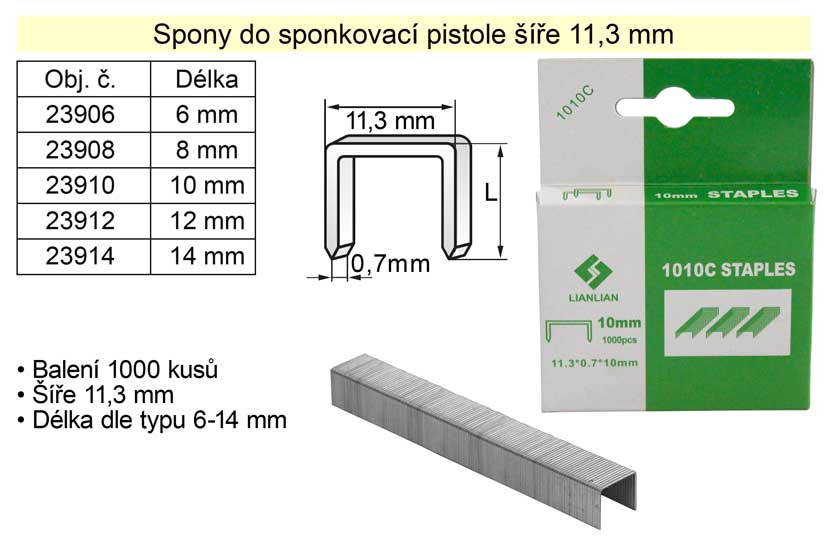 Spony do sponkovačky šíře 11,3 mm hranaté délka 14 mm balení 1000 kusů 0.1035 Kg NÁŘADÍ Sklad2 23914 24