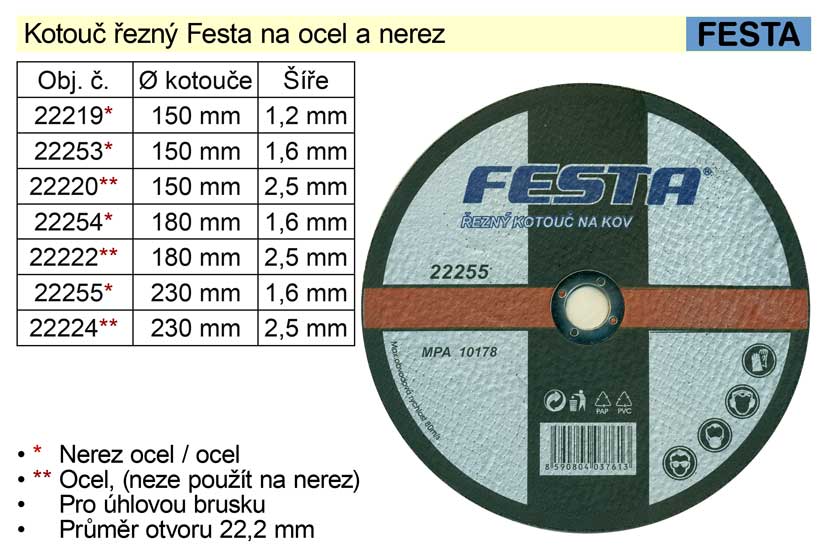 Kotouč  řezný na  ocel Festa 230x1,6mm 0.194 Kg NÁŘADÍ Sklad2 22255 58