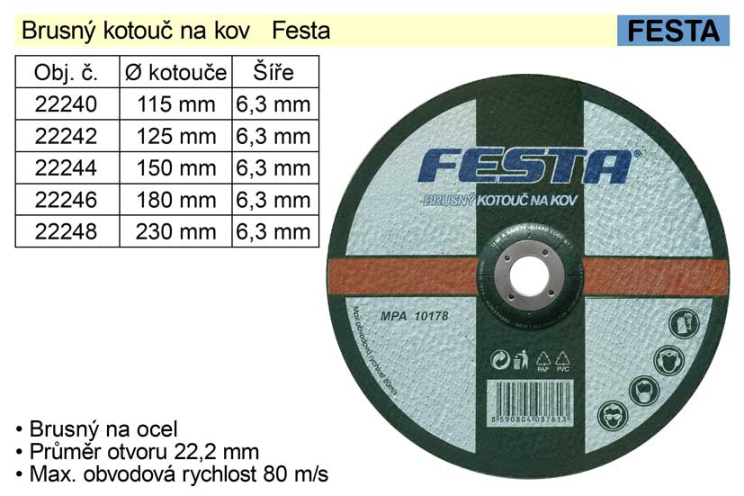 Kotouč  brusný na ocel  Festa 125 x 6,4 mm 0.185 Kg NÁŘADÍ Sklad2 22242 50