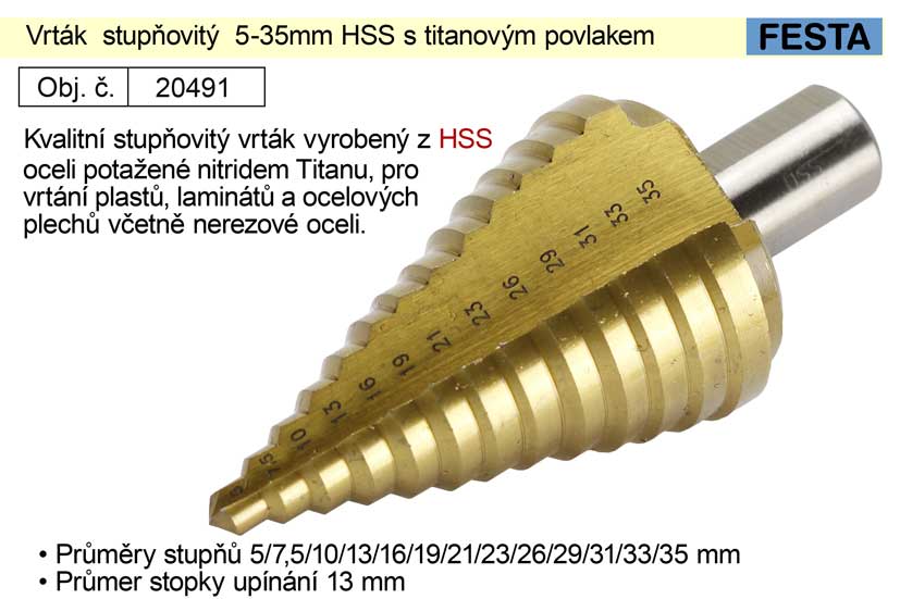 Vrták  stupňovitý  5-35mm HSS s titanovým povlakem 0.222 Kg NÁŘADÍ Sklad2 20491