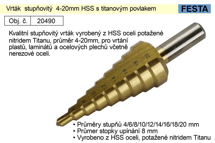 Vrták stupňovitý 4-20mm HSS s titanovým povlakem 0.0695 Kg NÁŘADÍ Sklad2 20490 1