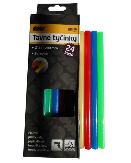 Tavné lepící tyčinky barevné 130008 rozměr 11x200mm balení 24 kusů 0.51 Kg NÁŘADÍ Sklad2 130008