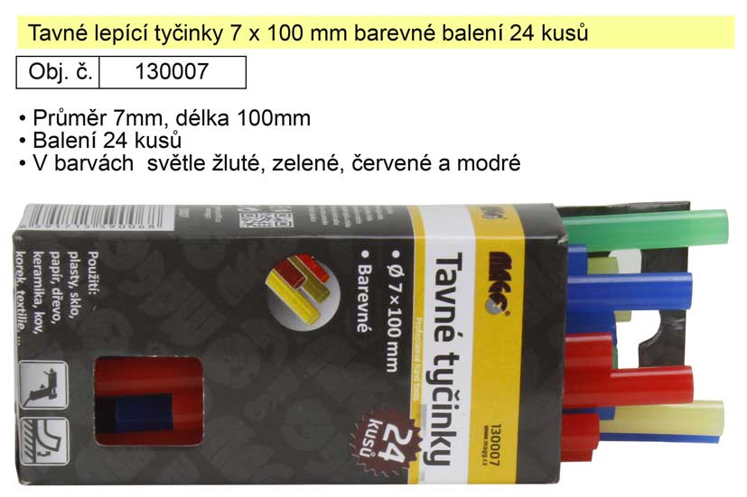Tavné lepící tyčinky barevné 130007 rozměr 7x100mm balení 24 kusů 0.108 Kg NÁŘADÍ Sklad2 130007