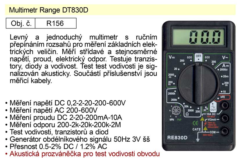 Multimetr Range DT830D Kg NÁŘADÍ Sklad2 R156 9