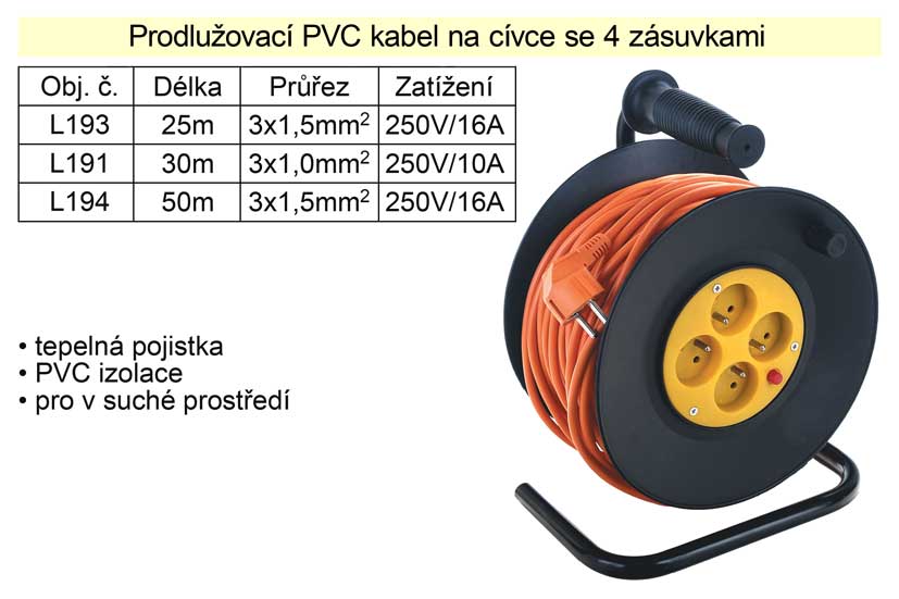 Prodlužovací kabel 25 m na cívce 4 zásuvky Kg NÁŘADÍ Sklad2 L193