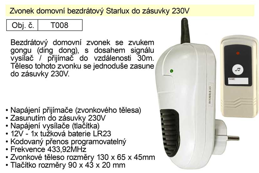 Zvonek domovní bezdrátový Starlux do zásuvky 230V Kg NÁŘADÍ Sklad2 T008