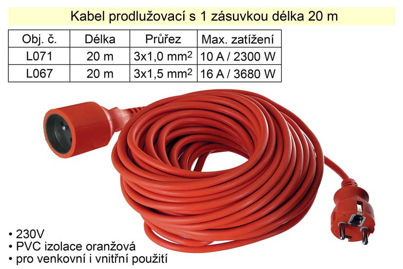 Prodlužovací kabel 1 zásuvka délka 20 m 10 A Kg NÁŘADÍ Sklad2 L071 1