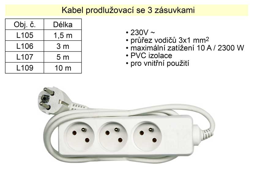 Prodlužovací kabel 3 zásuvky délka  5 m Kg NÁŘADÍ Sklad2 L107