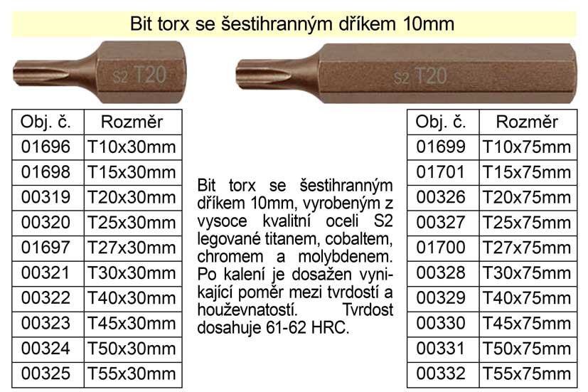Bit torx  T20 se šestihranným dříkem 10mm délka 30mm 0.02 Kg NÁŘADÍ Sklad2 100-00319