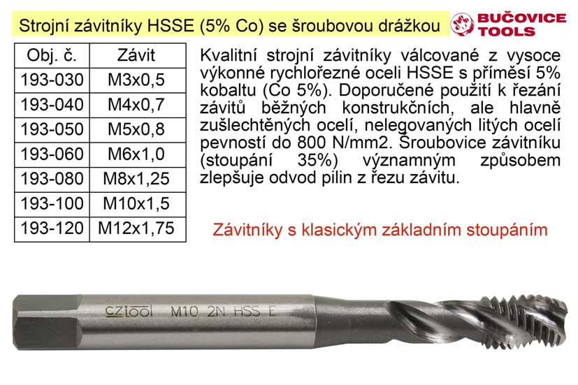 Strojní závitník  M6x1,0 HSSE šroubová drážka Co 5% 0.05 Kg NÁŘADÍ Sklad2 193-060 3