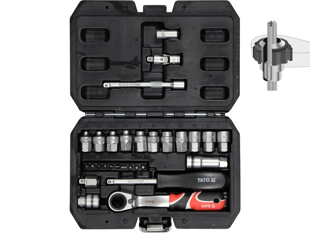 YATO Gola sada 1/4" průchozí ráčna a ořechy 4,5-13mm 12hranné, 29ks 0.95 Kg NÁŘADÍ Sklad2 YT-38650