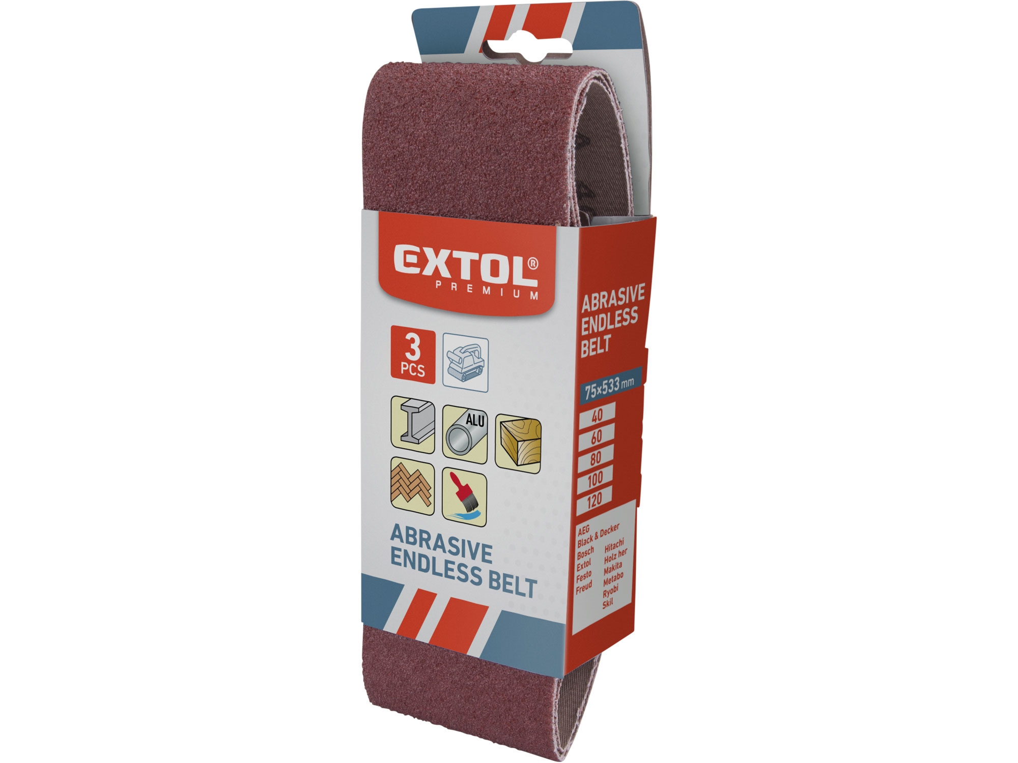 EXTOL PREMIUM plátna brusná nekonečný pás, bal. 3ks, 75x533mm, P80 8803528 0.171 Kg NÁŘADÍ Sklad2 MA8803528