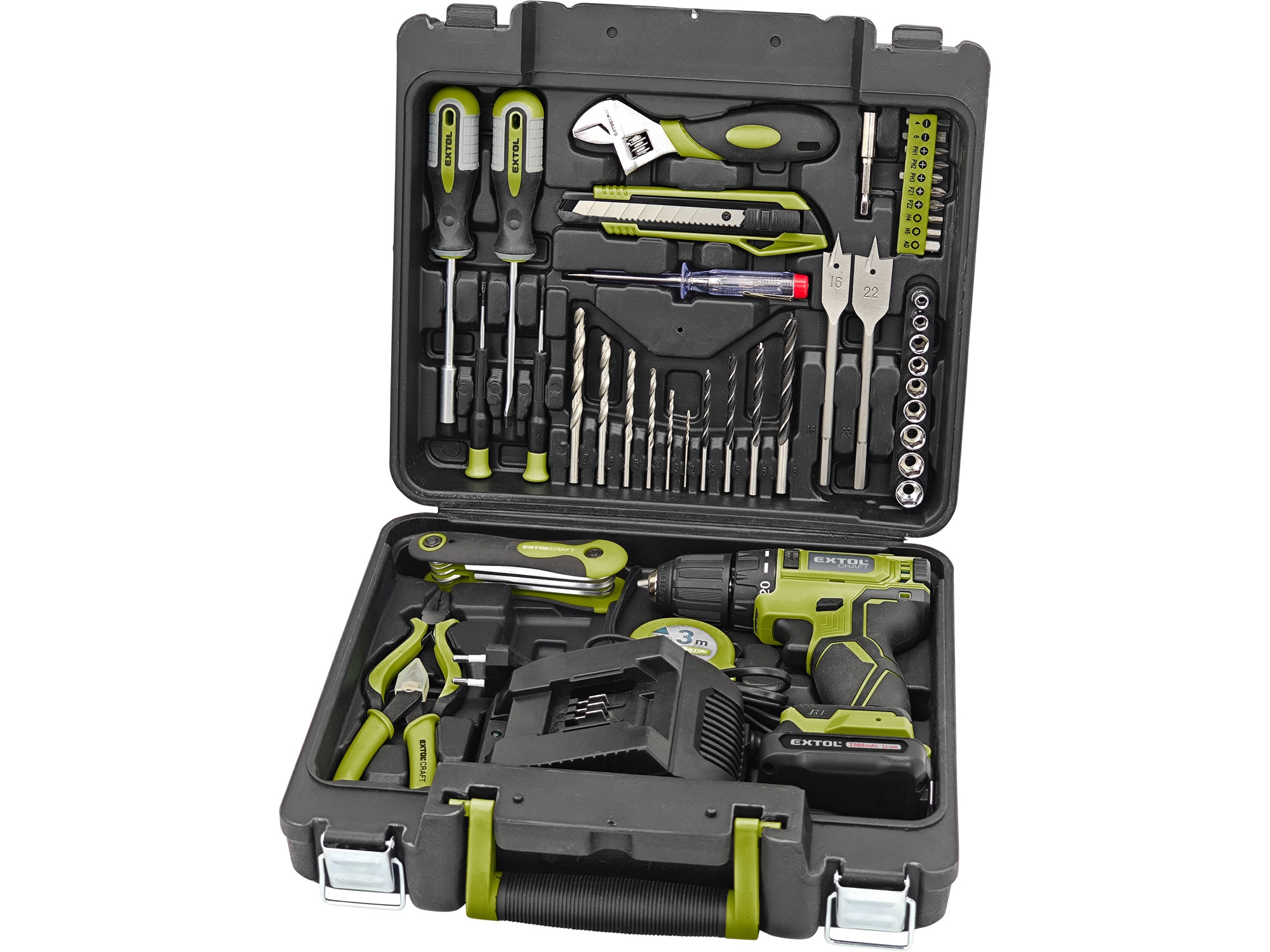 EXTOL CRAFT vrtací šroubovák aku, BRUSHLESS, 20V Li-ion, 2Ah, SET SADA NÁŘADÍ 46KS 3.86 Kg NÁŘADÍ Sklad2 MA422801
