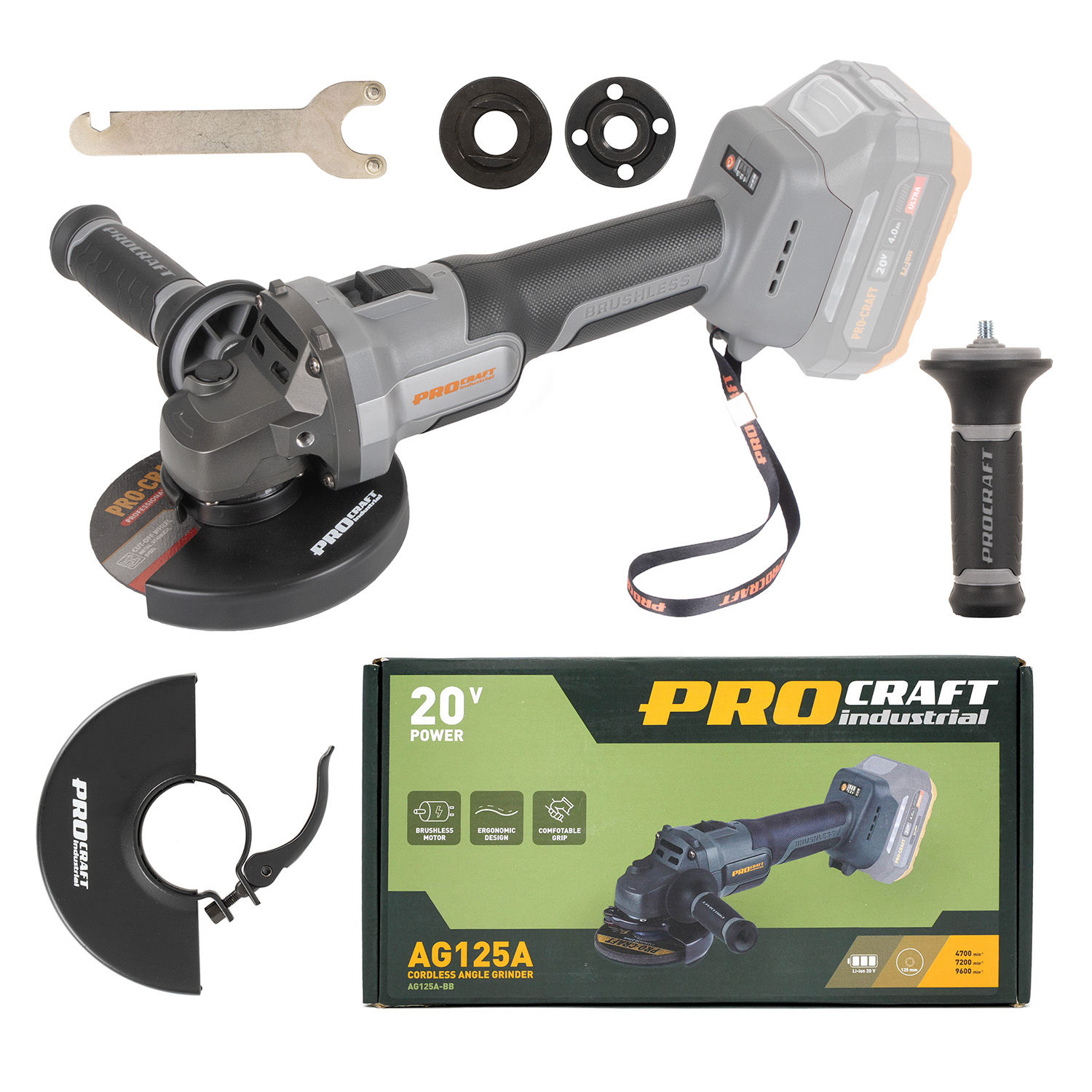 PROCRAFT INDUSTRIAL AG125A Aku úhlová bruska 125mm, bezuhlíková, 20V, BEZ BATERIE 2 Kg NÁŘADÍ Sklad2 AG125ABB