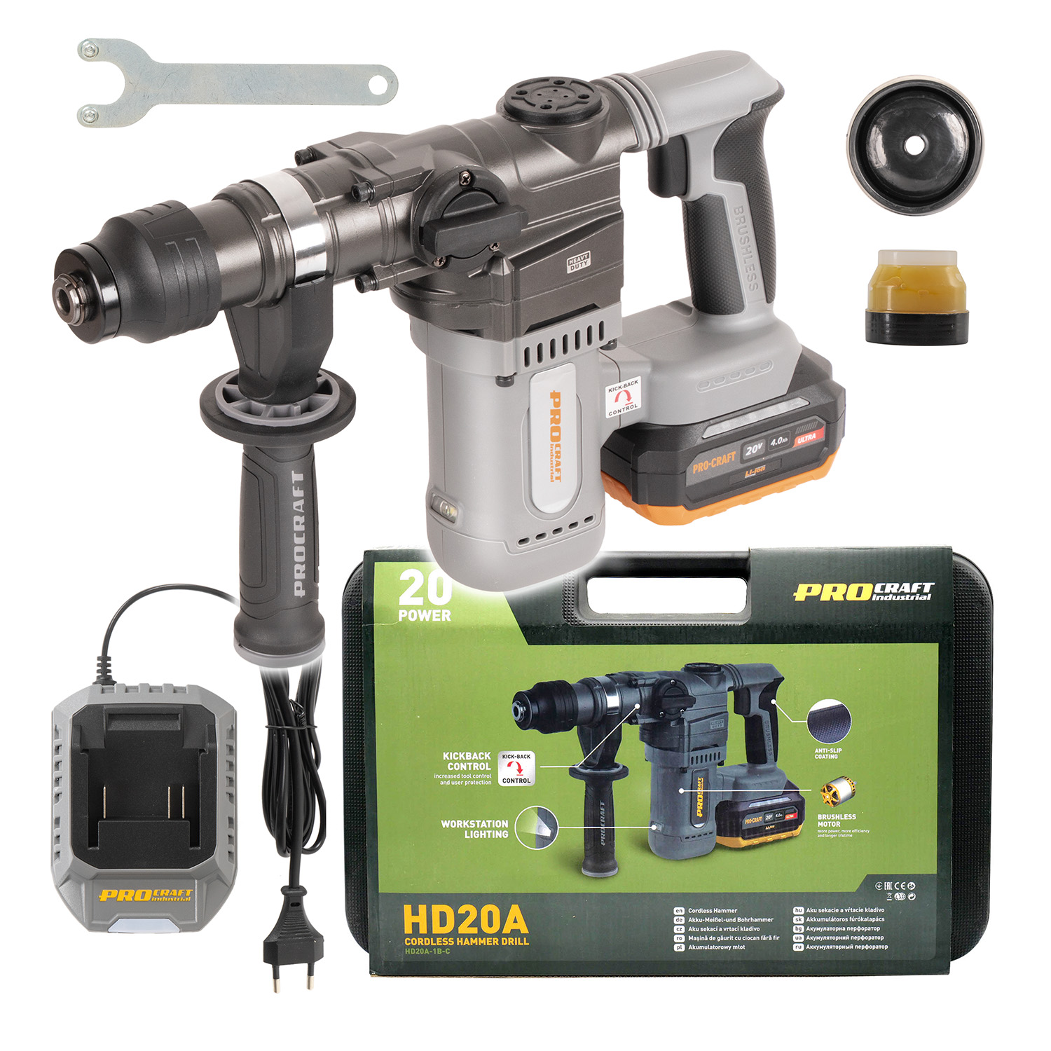 PROCRAFT INDUSTRIAL HD20A Aku vrtací kladivo SDS plus 3,8J , bezuhlíkové, 20V, 1x4Ah 3.6 Kg NÁŘADÍ Sklad2 HD20A