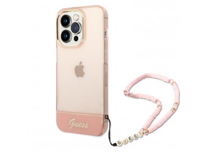 20871 guess pc tpu camera outline translucent case with lanyard for iphone 14 pro pink