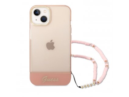 20868 guess pc tpu camera outline translucent case with lanyard for iphone 14 plus pink