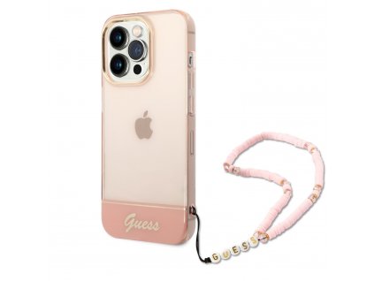 20874 guess pc tpu camera outline translucent case with lanyard for iphone 14 pro max pink