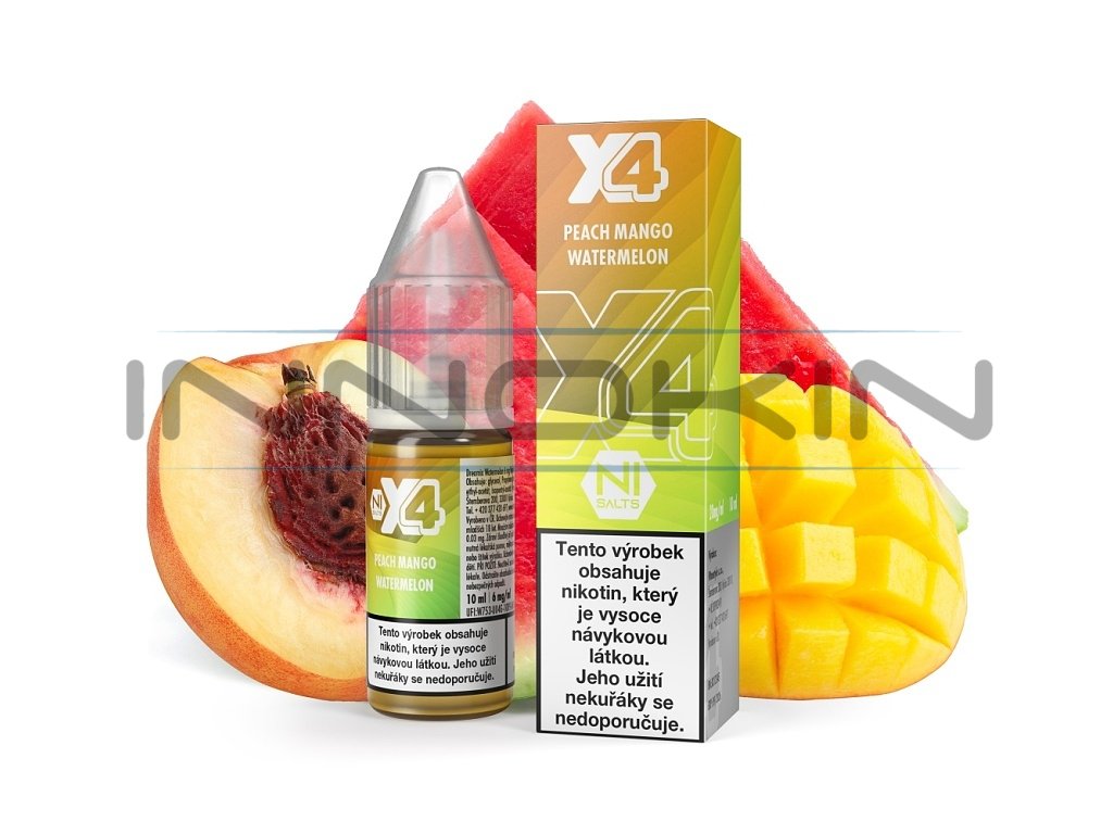 X4 Bar Juice Salt - E-liquid - Peach Mango Watermelon (Broskev, mango a meloun) - 10mg, produktový obrázek.