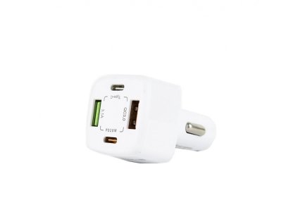 Fast Charger BK365-2PD bílá čtyřportová autonabíječka s rychlonabíjením zobrazená v bočním pohledu s konektorem