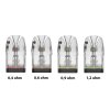 Čtyři varianty Uwell Caliburn GPP Pod Cartridge s odpory 0,4 ohm, 0,6 ohm, 0,9 ohm a 1,2 ohm vedle sebe